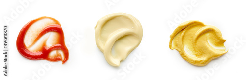 Ketchup, mayonnaise, mustard top view isolated on white background