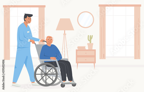 Residential care facility. A caretaker with old man on wheelchair. A bedroom in nursing home, retirement home. Scene of disabled elderly person with social worker at home. Concept of assisted living.