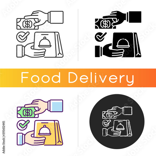 Cash on delivery icon. Advance payment. Meals and drinks delivery from local restaurants. Courier service. Online ordering for takeout. Linear black and RGB color styles. Isolated vector illustrations