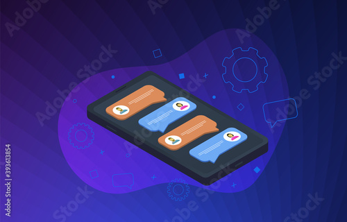 Mobile messenger app to communicate with friends, colleagues at work, texting group messages, chatbots. On-screen chats with bubbles and text message. Online mobile chatting with smartphone. 