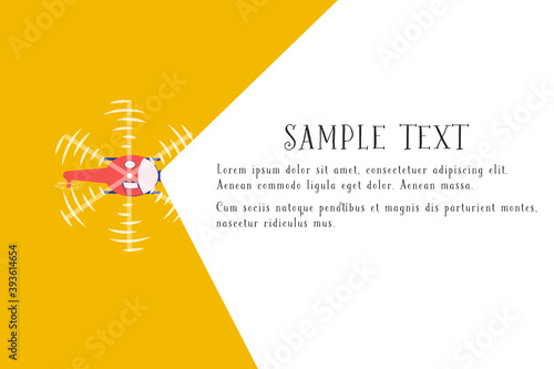 Helicopter flying, top view. Light from the searchlight, flashlight, beam. Space for text, banner, or poster. Vector illustration.