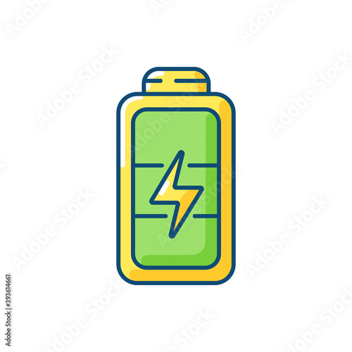 Full battery RGB color icon. Getting max capacity for full day. Maximum power for device. One hundred percetage level. Isolated vector illustration
