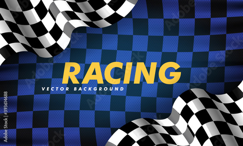 Waving checkered flag along the edges on a black and blue background. Modern illustration.