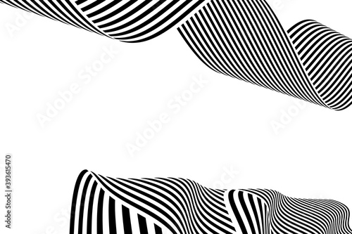 Stripes, wavy. Optical art. Black monochrome lines. Illusion. Vector illustration, background.