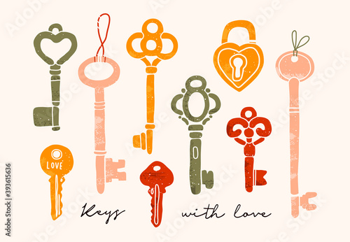 Hand drawn Vector Keys. Various vintage, antique and modern Old Keys with ornate heads and classic ornament. Different types, sizes. Spray scatter effect or grunge texture. All elements are isolated