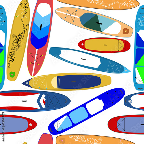 Multiple colours and shapes sup boards seamless pattern. Paddle board