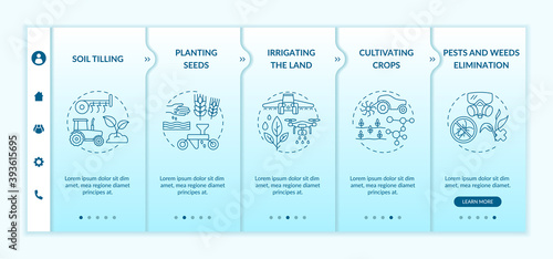 Agriculture machines tasks onboarding vector template. Irrigating the farming land. Cultivating crops. Responsive mobile website with icons. Webpage walkthrough step screens. RGB color concept
