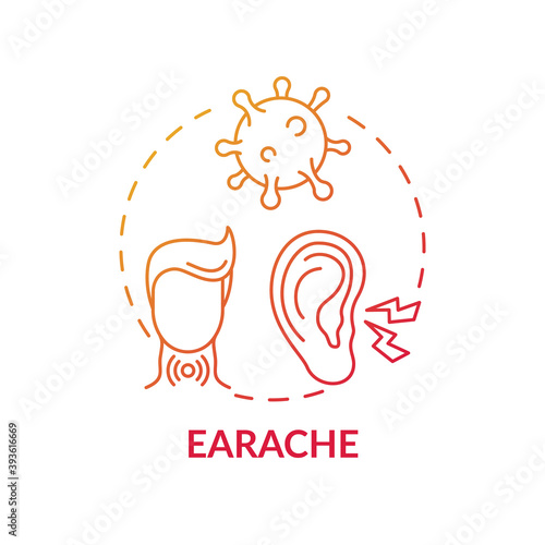 Earache concept icon. Sore throat complication idea thin line illustration. Sharp, dull and burning pain. Hearing loss. Outer and middle ear infections. Vector isolated outline RGB color drawing