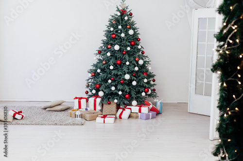 Christmas tree with gifts decor New Year postcard