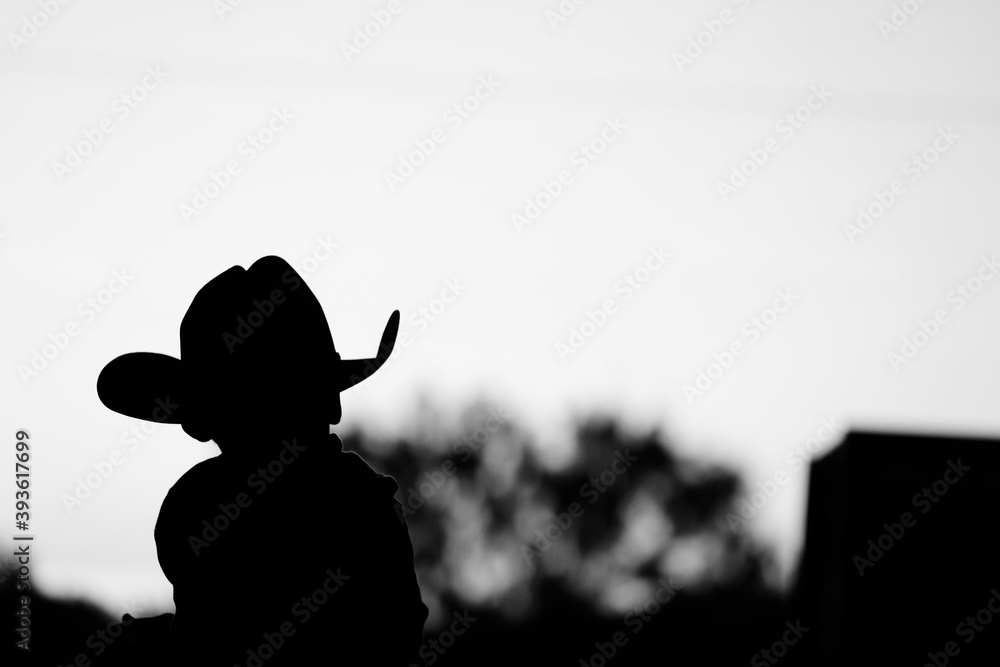 Silhouette of young western kid in cowboy hat, copy space on background. - obrazy, fototapety, plakaty 