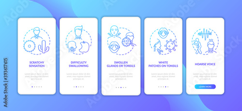 Raw throat symptoms onboarding mobile app page screen with concepts. Swollen glands, hoarse voice walkthrough 5 steps graphic instructions. UI vector template with RGB color illustrations