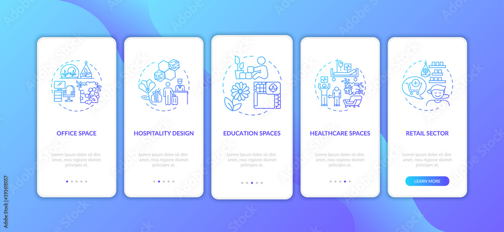 Green indoor environment blue gradient onboarding mobile app page screen with concepts. Biophilia walkthrough 5 steps graphic instructions. UI vector template with RGB color illustrations
