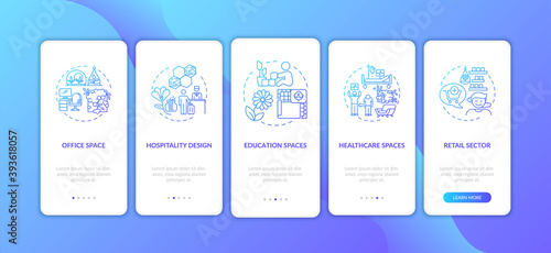 Green indoor environment blue gradient onboarding mobile app page screen with concepts. Biophilia walkthrough 5 steps graphic instructions. UI vector template with RGB color illustrations