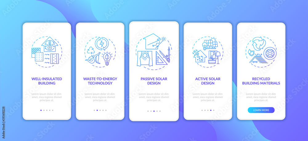 Sustainable architecture blue gradient onboarding mobile app page screen with concepts. Green smart house walkthrough 5 steps graphic instructions. UI vector template with RGB color illustrations