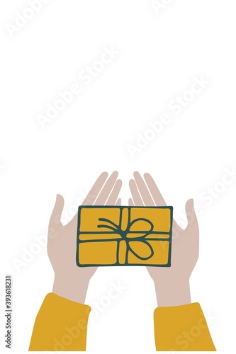Hands holding gift box. Concept of giving presents. Greeting card with gift in hand, free space for inscription. Vector on isolated white background.