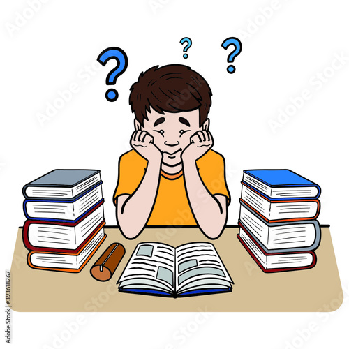 student sits in front of books. question mark, homeschooling, desperate.