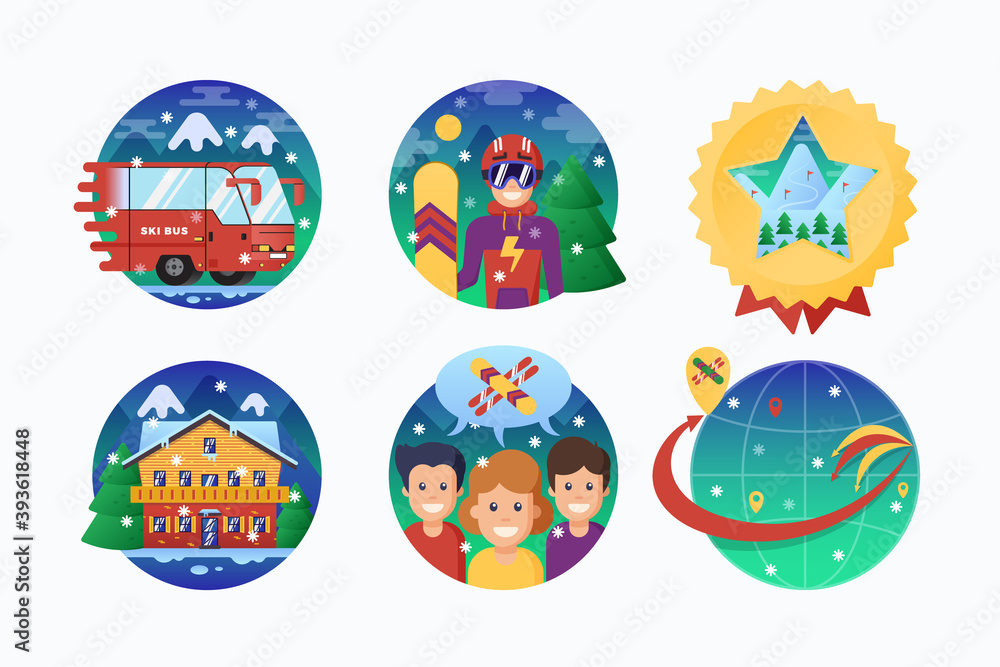 Ski or Snowboard Resort Icons Collection. Vector Circle Banners of Snowboarding Instructor, Ski Bus, Globe, Alpine Hotel and Like-Minded People with Snowflakes. Action Sports Emblems Set. Isolated