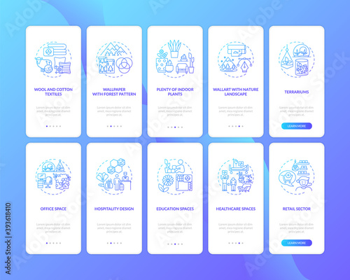 Biophilia blue gradient onboarding mobile app page screen with concepts set. Healthy indoor environment walkthrough 5 steps graphic instructions. UI vector template with RGB color illustrations
