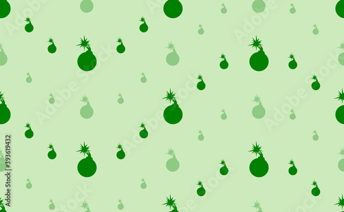 Seamless pattern of large and small green bomb symbols. The elements are arranged in a wavy. Vector illustration on light green background