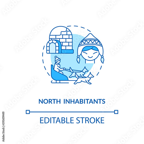 North inhabitants concept icon. SAD risk group idea thin line illustration. Dog sledding. Traditional livelihoods. Igloo, snow hut. Vector isolated outline RGB color drawing. Editable stroke