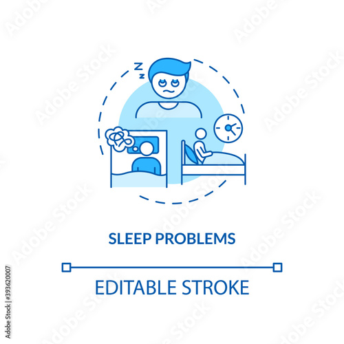 Sleep problems concept icon. Antidepressants side effect idea thin line illustration. Having trouble falling asleep. Stress, jet lag. Vector isolated outline RGB color drawing. Editable stroke
