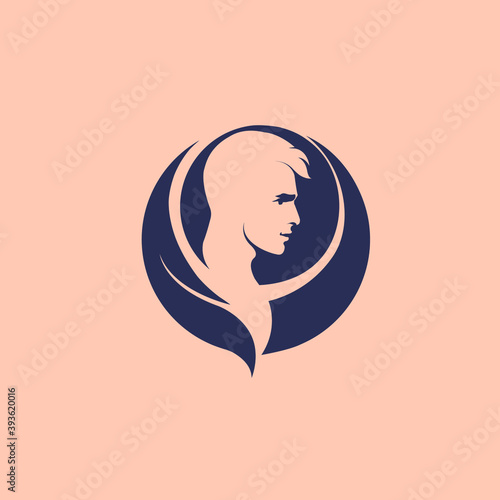 Man portrait logo in a circle shape.Profile view handsome male character.Vector icon isolated on light background.Emblem style sign.Beautiful face.
