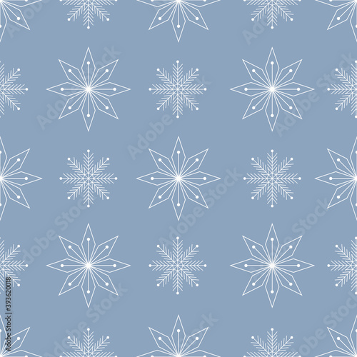 Vector geometrical white winter snowflakes seamless pattern print background.