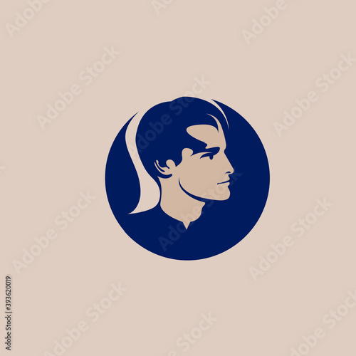 Man portrait logo in a circle shape.Profile view handsome male character.Vector icon isolated on light background.Emblem style sign.Beautiful face.