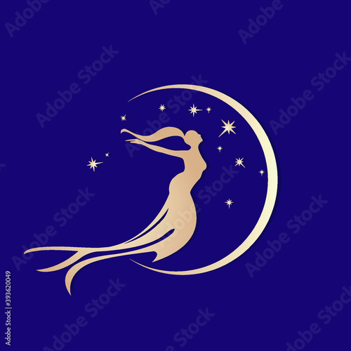 Beautiful golden mermaid silhouette with long, flowing hair in the moonlight.Fantasy illustration.Young female body and stars.Night goddess.Shiny fairy icon.