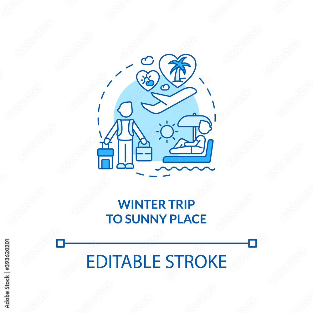 Winter trip to sunny place concept icon. Tips to ease SAD idea thin line illustration. Warm-weather vacation. Treating winter blues. Vector isolated outline RGB color drawing. Editable stroke Winter trip to sunny place concept icon. Tips to ease SAD idea thin line illustration. Warm-weather vacation. Treating winter blues. Vector isolated outline RGB color drawing. Editable stroke
