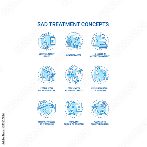 SAD treatment concept icons set. Mental health disorder idea thin line RGB color illustrations. Attention deficit. Feeling hopeless and worthless. Vector isolated outline drawings. Editable stroke