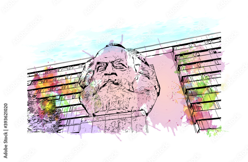 Building view with landmark of Chemnitz is a city in Saxony, eastern Germany. Watercolour splash with hand drawn sketch illustration in vector.