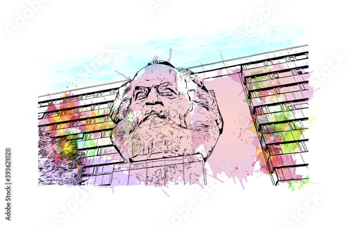 Obraz na płótnie Building view with landmark of Chemnitz is a city in Saxony, eastern Germany. Watercolour splash with hand drawn sketch illustration in vector. w salonie