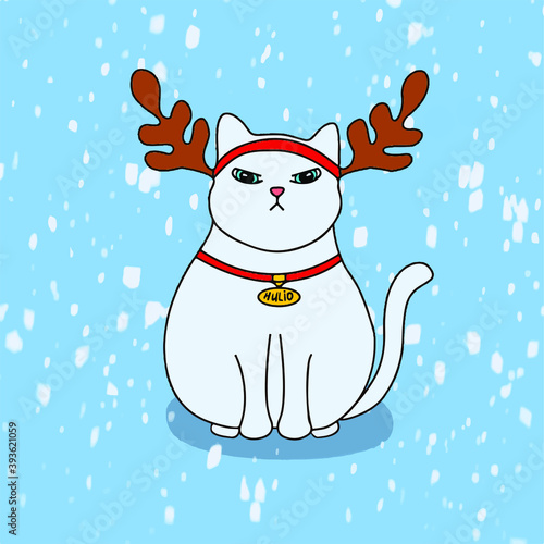 disgruntled white cat with antlers on a blue background