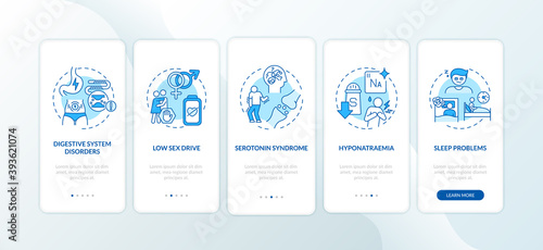 Antidepressants side effects onboarding mobile app page screen with concepts. Abdominal disorder, insomnia walkthrough 5 steps graphic instructions. UI vector template with RGB color illustrations