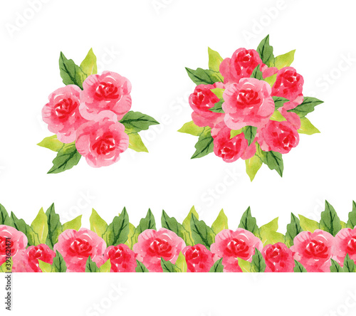 Set with watercolor flowers and floral seamless border. For the design of postcards, invitations, duct tape, scotch tape, wallpaper, textiles and more.