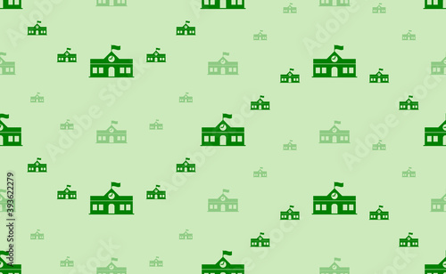 Seamless pattern of large and small green school building symbols. The elements are arranged in a wavy. Vector illustration on light green background