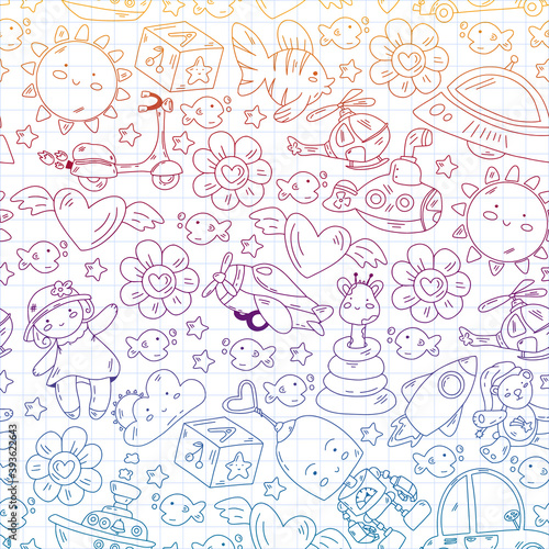 Kindergarten, toys vector pattern. Little children creativity and imagination. Online education, educational games.