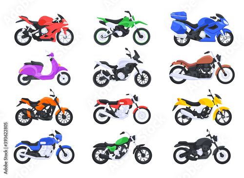 Motorbike set. Motorcycle and scooter, sport bike, enduro and chopper. Vector illustration