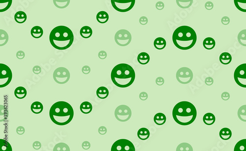 Seamless pattern of large and small green laughter Emoticons. The elements are arranged in a wavy. Vector illustration on light green background