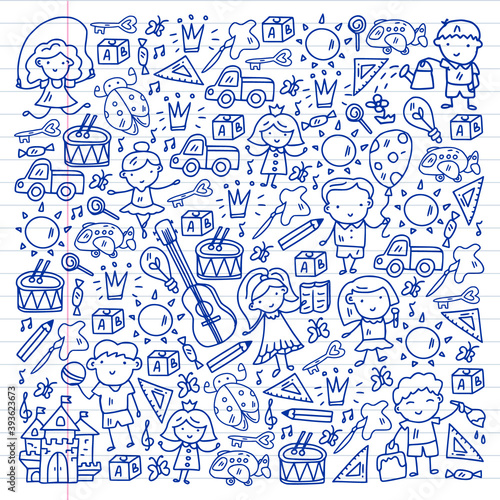 School, kindergarten with cute vector children. Dancing, singing, painting, online education. Creativity and imagination.