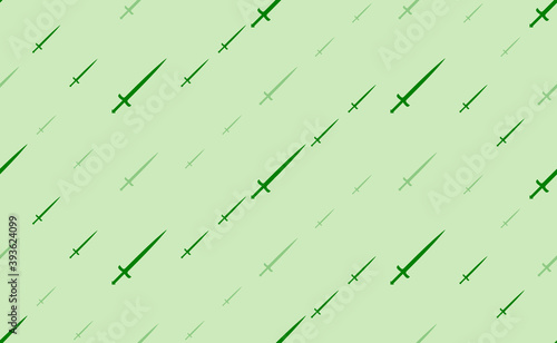 Seamless pattern of large and small green sword symbols. The elements are arranged in a wavy. Vector illustration on light green background