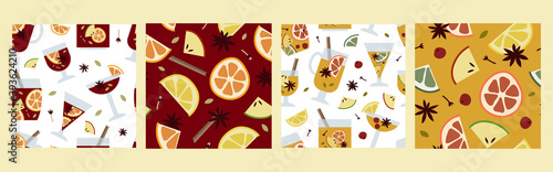 Christmas mulled wine with citrus fruit, apple, cinnamon, clove, cardamom, anise. Red and white wine, sangria, apple cider. Winter hot drink. Traditional xmas beverage. Vector cartoon seamless pattern