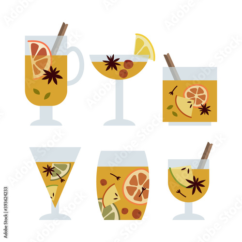 Christmas mulled white wine with citrus fruit, apple, cinnamon, clove, cardamom, anise. Winter hot drink. Sangria, apple cider. Traditional xmas beverage. Vector flat cartoon illustration