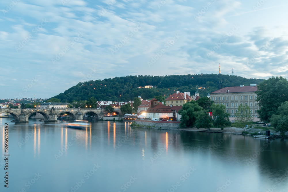 Riverbank of Vltava in city center of Prague, Czech Republic.