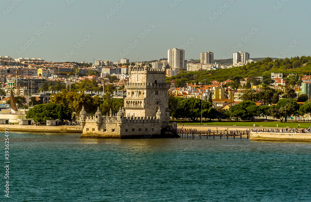 A close up of the Belem district from the river Tagus in Lisbon, Portugal