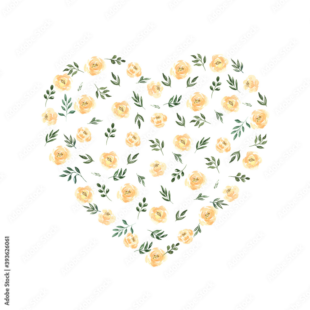 illustration watercolor heart made of with peach flowers and green leaves on a white background. for the holiday of Valentine's Day. spring summer mood. for design, banners, cards, invitations
