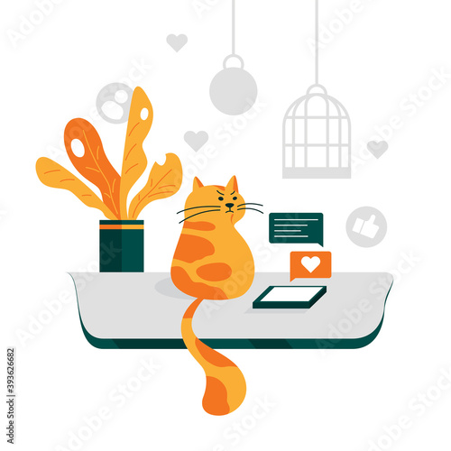 Illustration of "the cat is angry with alert phone." Discontented red cat, alerts, social networks.