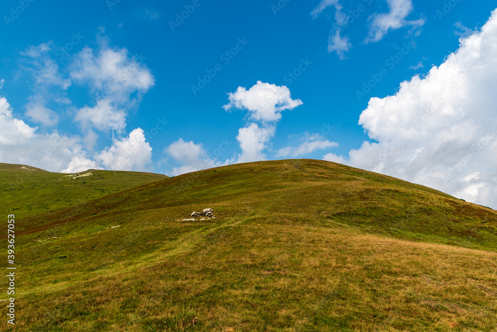 Hills covered by meadow with few stones and smaller rocks - Valcan mountains in Romania Hills covered by meadow with few stones and smaller rocks - Valcan mountains in Romania