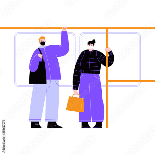 A woman and a man wearing masks on public transport. Vector illustration